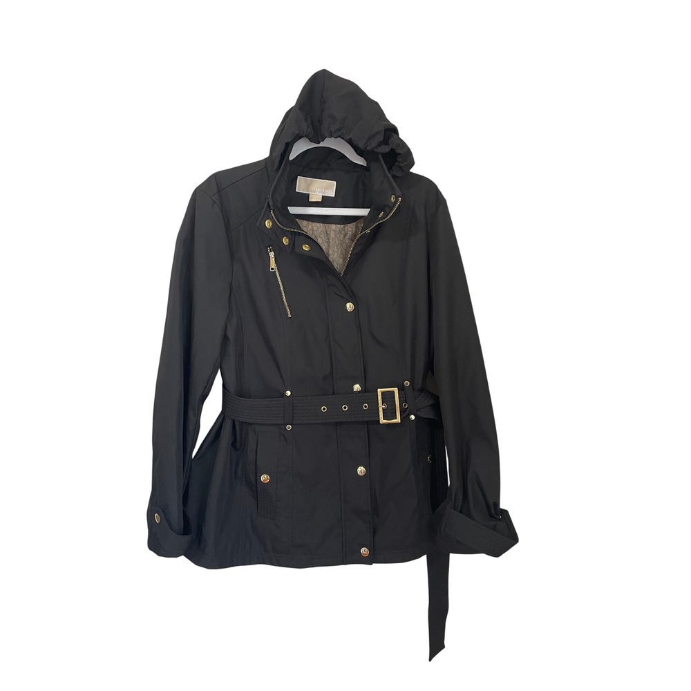 Michael Michael Kors Black Hooded Belted Anorak Jacket Gold Hardware Size L
